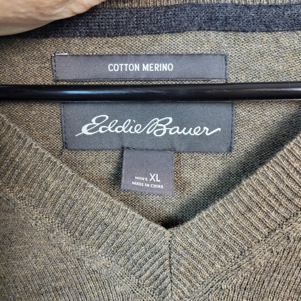 Eddie Bauer Mens XL V-Neck Sweater Cotton‎ Merino Wool Heathered Olive Brown